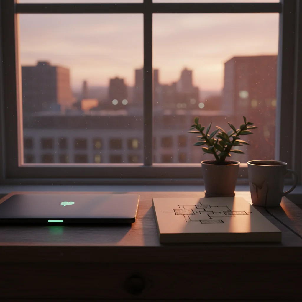 窗台特写:一台 MacBook 屏幕上跑着代码编辑器和终端,旁边一本翻开的笔记本写着架构草图,一杯咖啡冒着热气,盆栽绿叶向阳——氛围是一个安静的 hacker 在自己房间里做底层工具