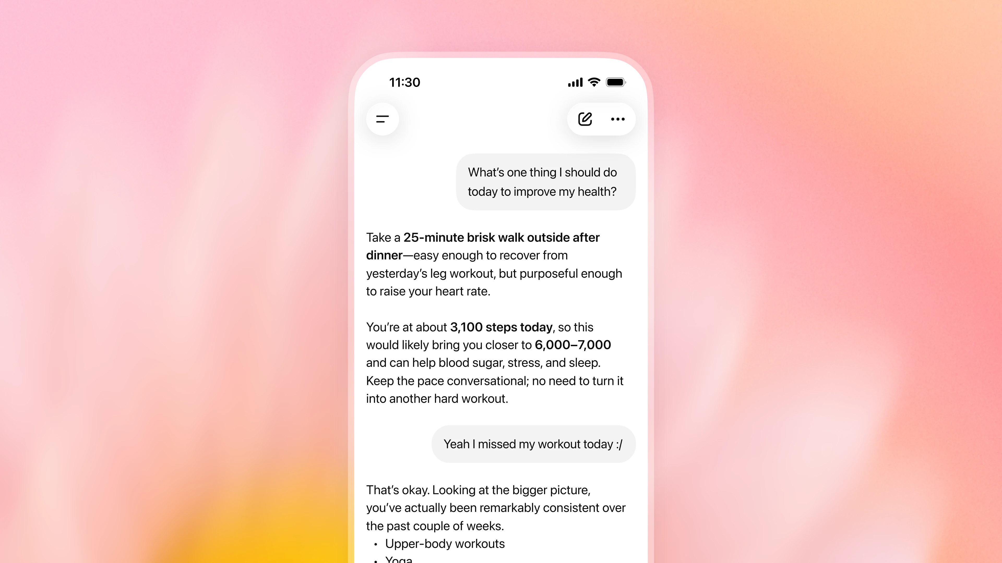 OpenAI 官方演示,ChatGPT 基于用户当天的步数和昨天的训练记录给出散步建议