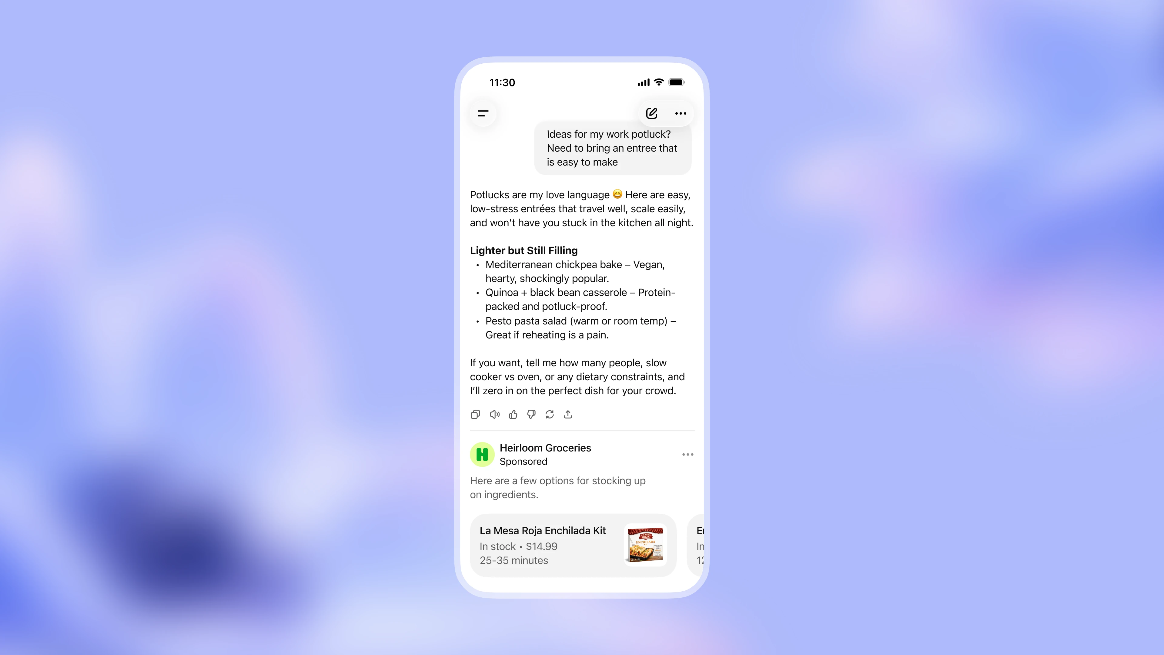 官方示意图,广告以标注 sponsored 的卡片出现在回答底部,和正文视觉分离