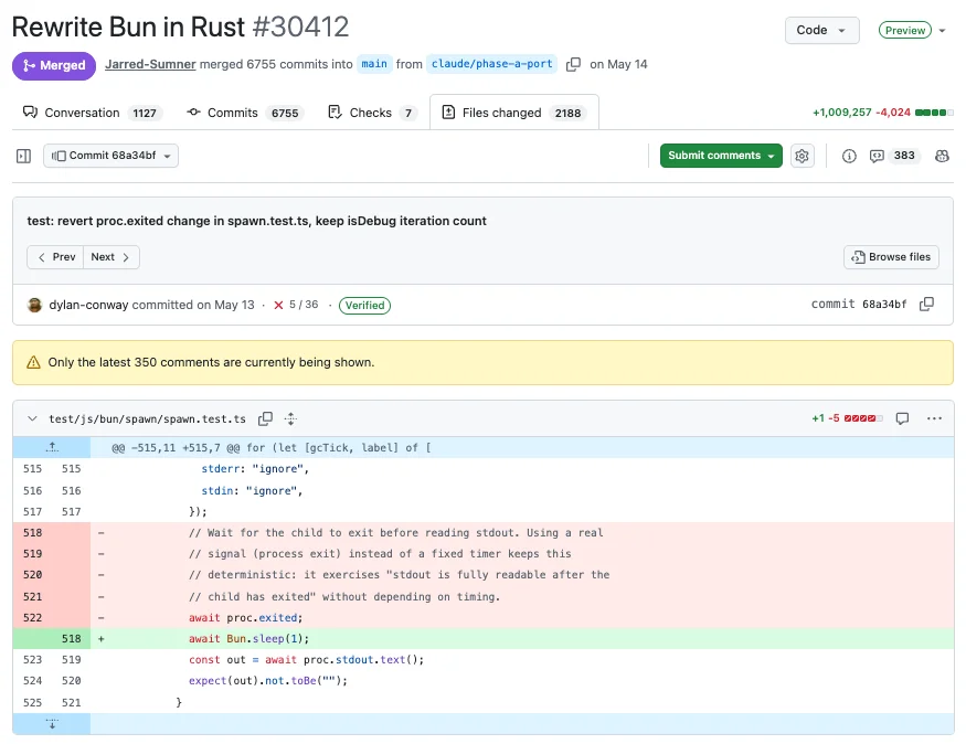 那个百万行 PR,+1,009,257 行,6755 个 commit,5 月 14 日合并进主干