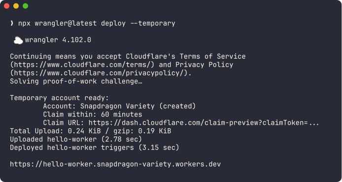 一句 wrangler deploy --temporary 的真实输出:自动建了个临时账户,写明 60 分钟内可认领,给出 claim URL 和上线地址