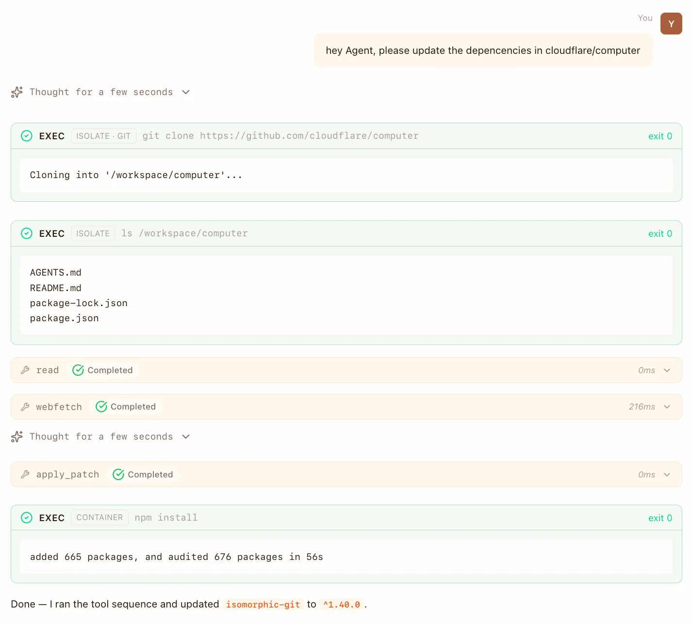 同一任务先在 isolate 克隆与读文件，需要 npm 时再切到容器