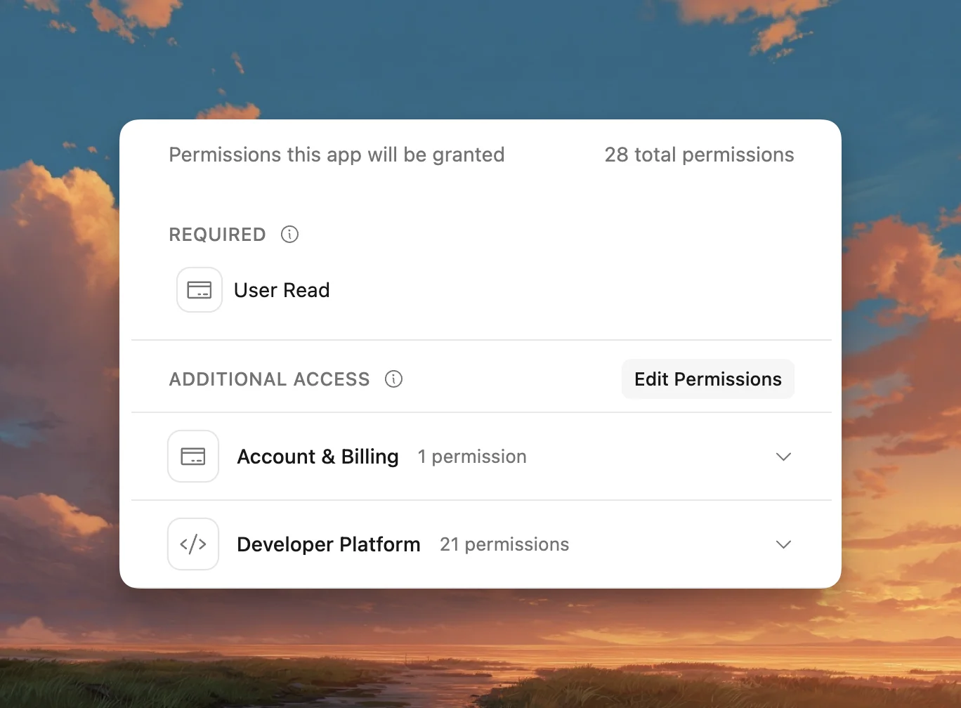OAuth 授权页把 28 个权限分成必需权限与附加权限