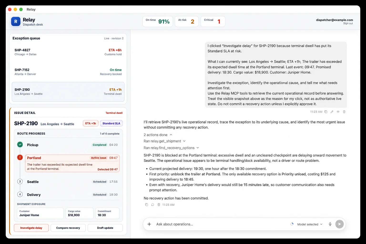 官方 Relay 示例把 Codex Agent 嵌进物流运维面板，业务动作仍由应用控制