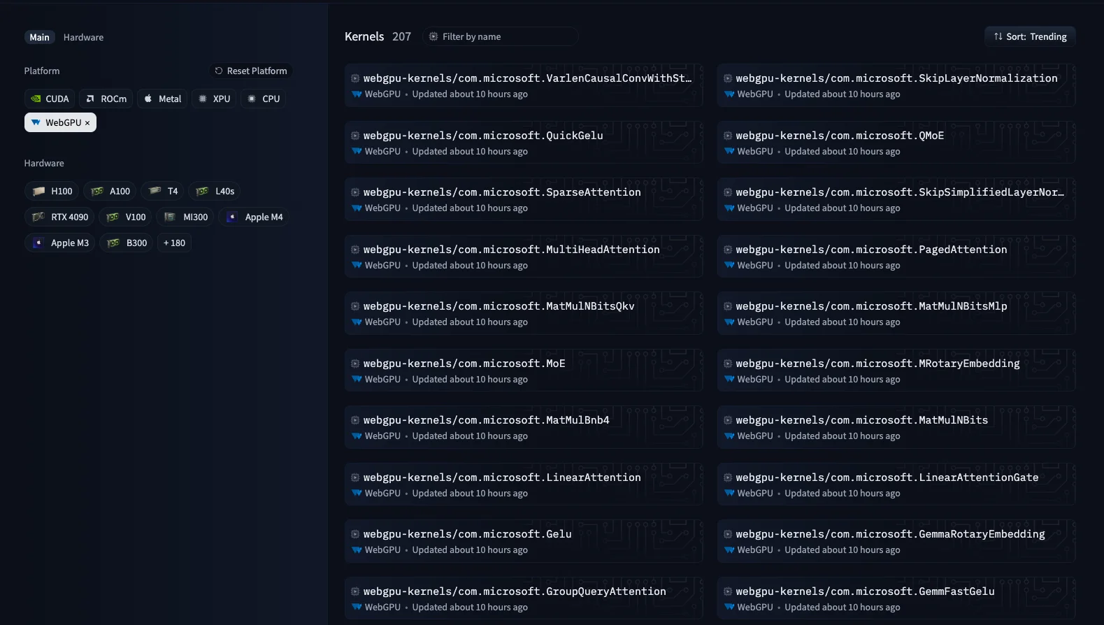 Hugging Face Hub 上按 WebGPU 筛出的 207 个内核