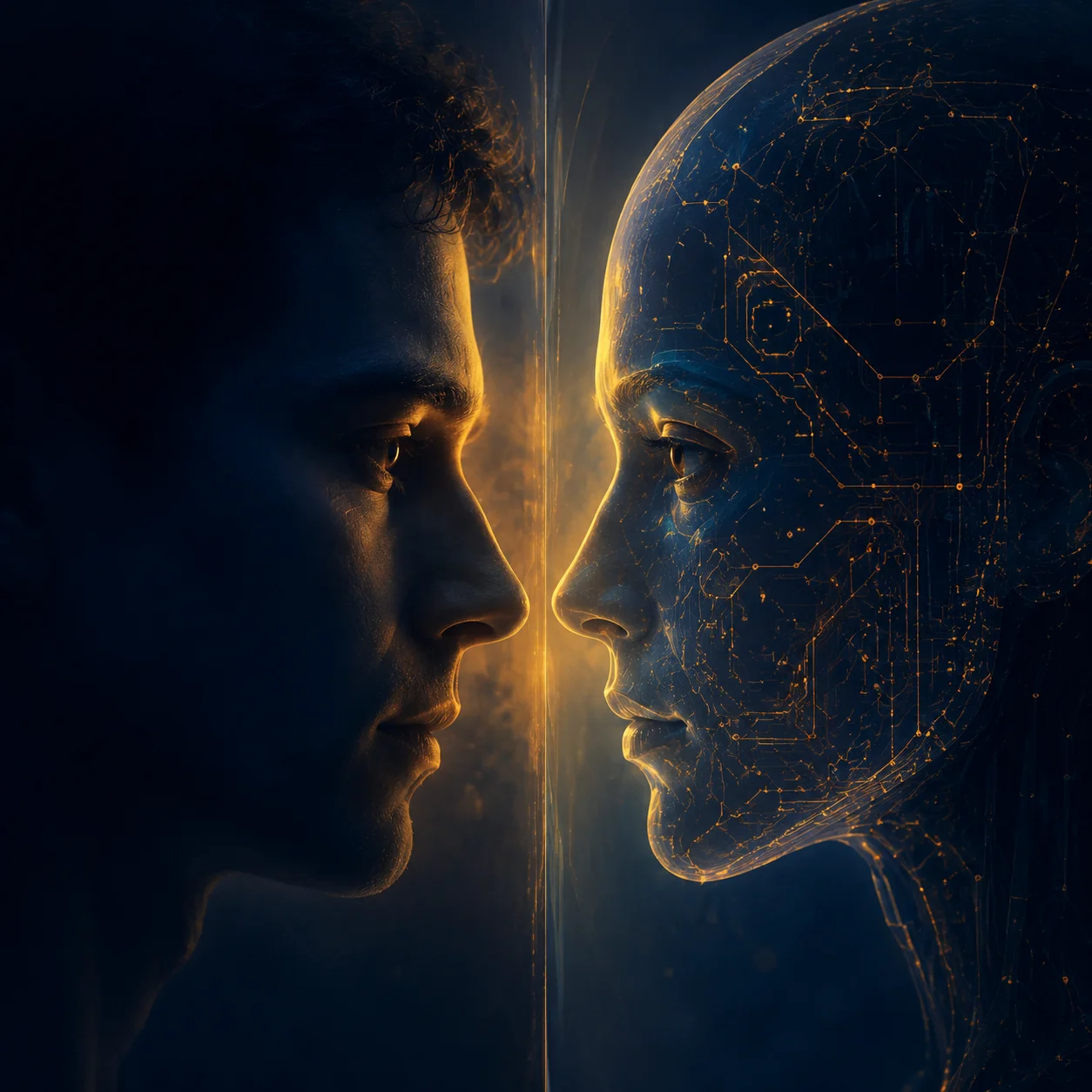 人脸与 AI 面孔在镜面两侧对望