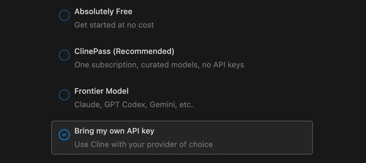 Cline 提供免费、订阅、前沿模型与自带 API Key 等不同入口