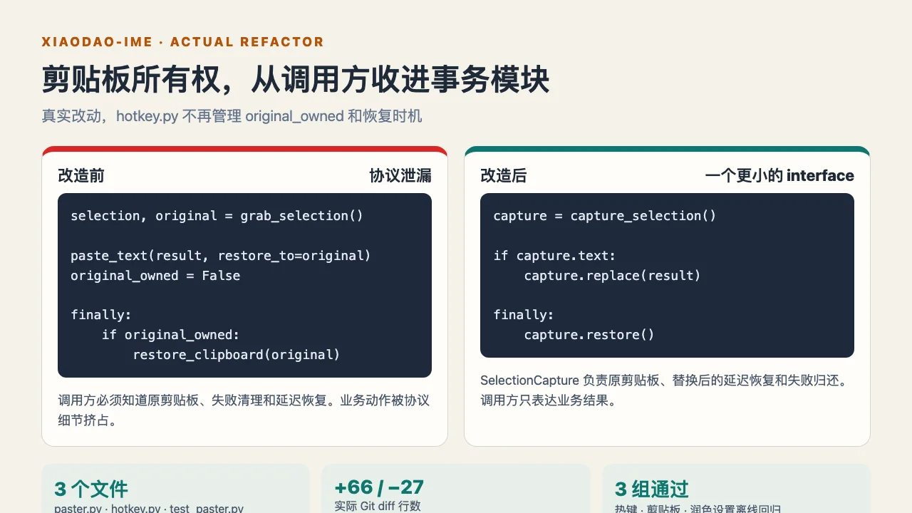 改造前调用方要管理原剪贴板，改造后只通过 SelectionCapture 完成替换或归还