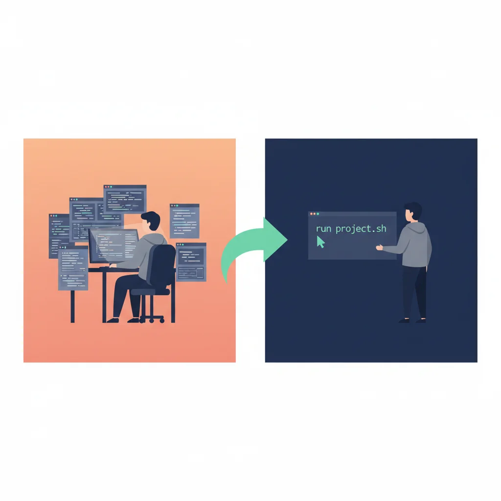 SDK vs CLI:左边是多窗口 IDE 的复杂工作流,右边是一个干净的终端单行命令,落日色中间一道箭头指向后者