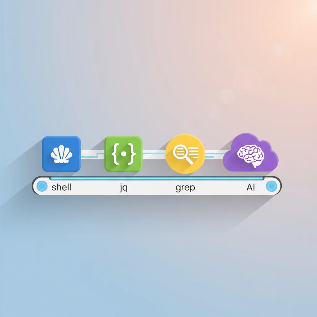 一条管道流水线,shell / jq / grep / AI 四个图标依次排列,数据从左到右流过,黄昏色调下显得宁静有秩序