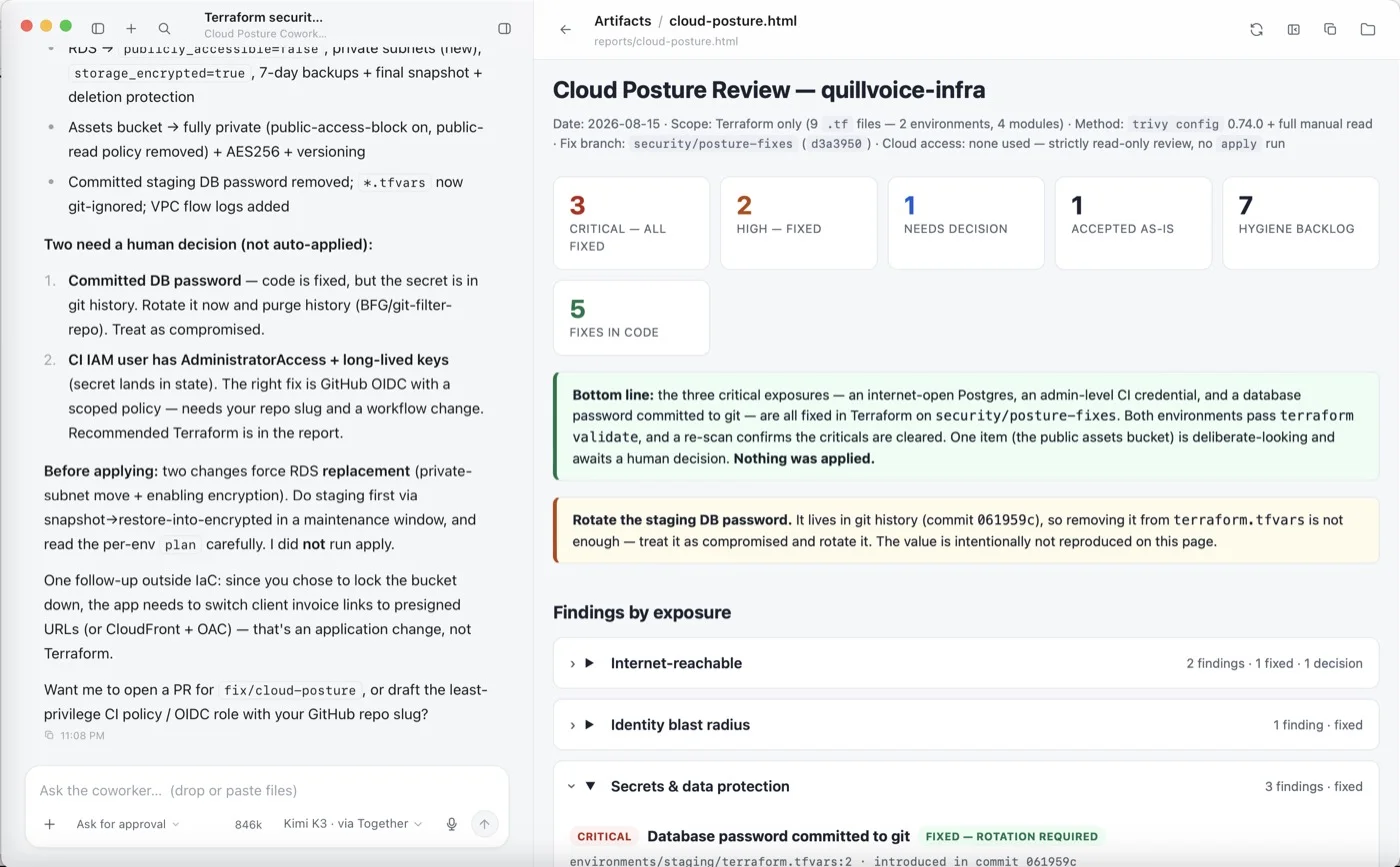 OpenWorker Cloud Posture Coworker 把自动修复与待人工决策项分开
