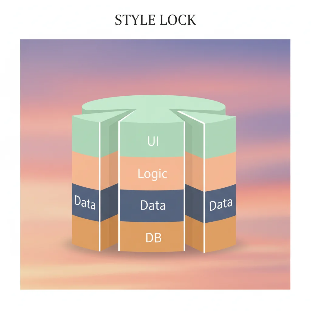 一份分层的"软件千层蛋糕":UI / Logic / Data / DB 四层不同色,三道竖刀切下,每片都是从顶到底完整一小条 (vertical slice),旁边是日落色