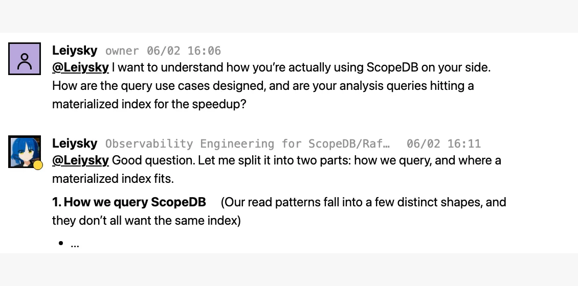 Raft 展示的 ScopeDB 联合频道对话