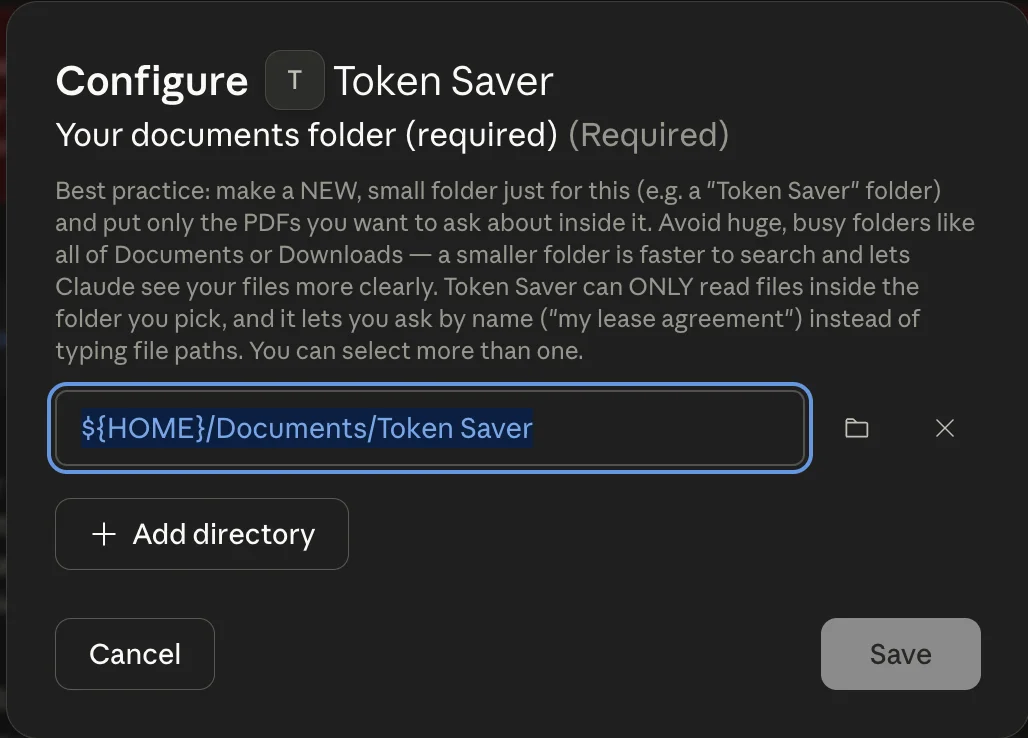 Token Saver 安装时要求选择一个专用的小型 PDF 文件夹